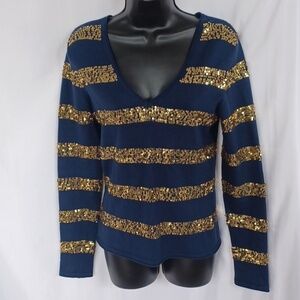 WR 9000 silk/cashmere v neck navy sweater gold sequined stripes size M, 17" PTP